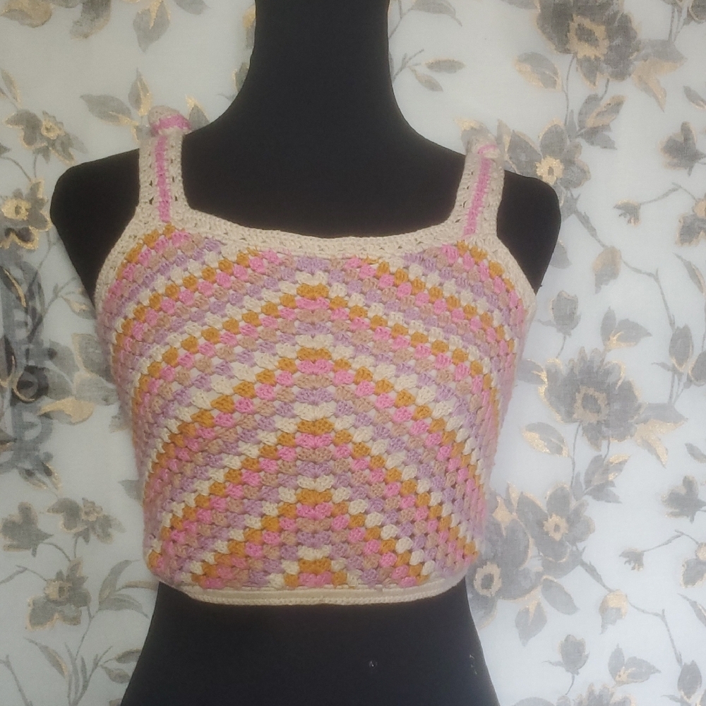 Crochet Knit Tank Top in Pink and Cream